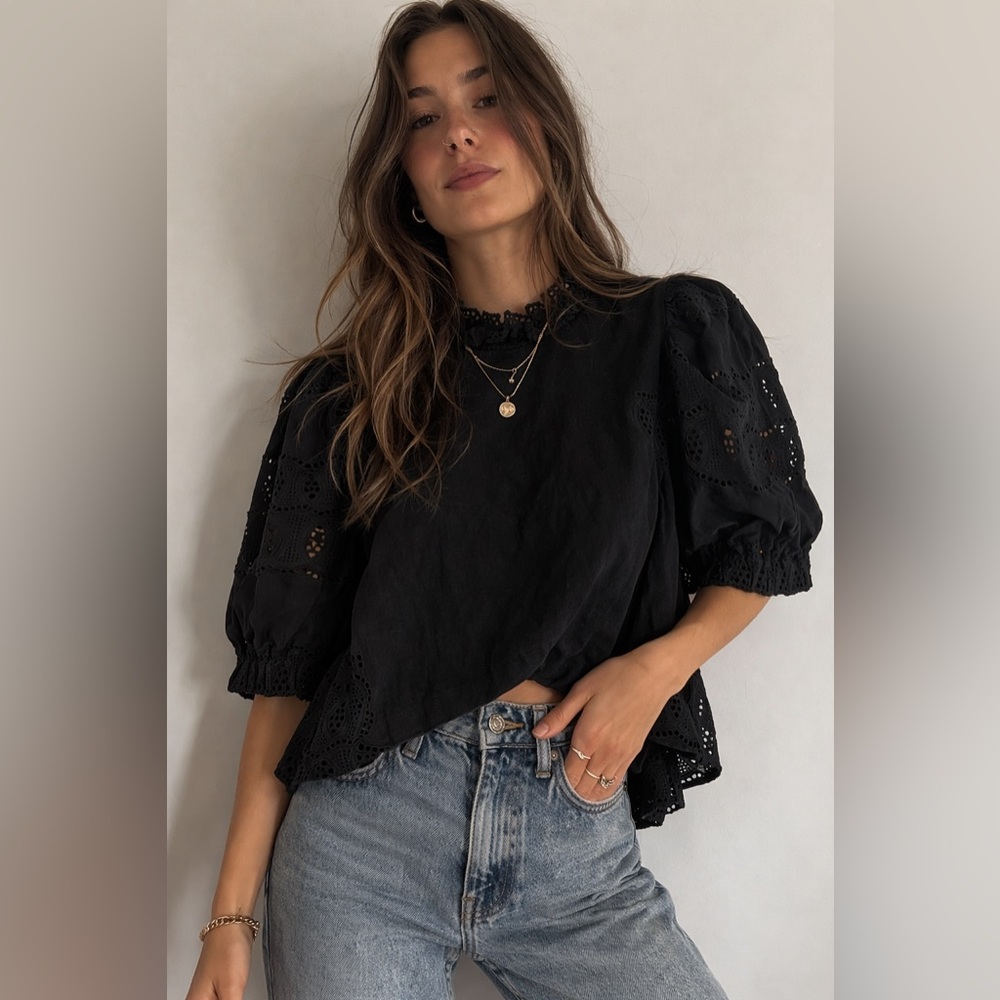 Othilia Black Eyelet Puff Sleeve Blouse Cottagecore Babydoll Top M